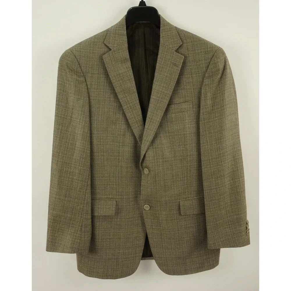 Hart Schaffner Marx Wool Linen Men's 40R Light Brown‎ Woven Plaid Vented Blazer